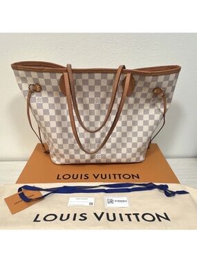 Louis Vuitton Damier Azur Canvas Neverfull Tote - White, Beige, pink interior